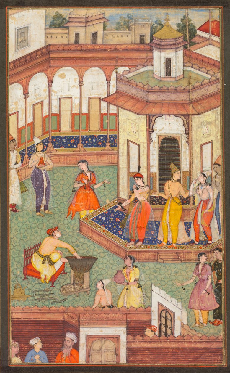 Een man dompelt zijn hand in een ketel terwijl dames van het harem in verbazing staan: Een pagina uit een manuscript van religieuze geschiedenis door Unknown artist