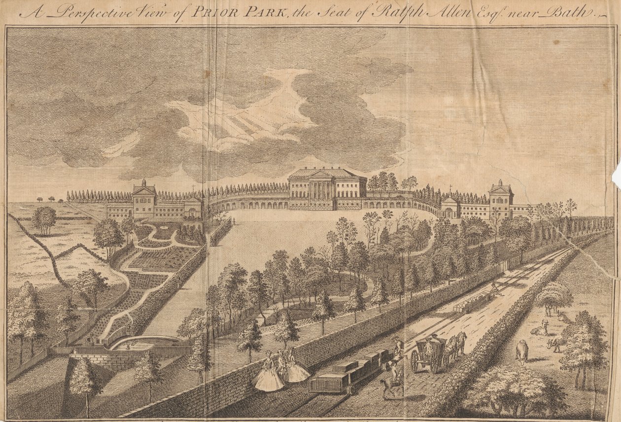 Een perspectiefaanzicht van Prior Park, het landgoed van Ralph Allen Esq. nabij Bath door Unknown artist