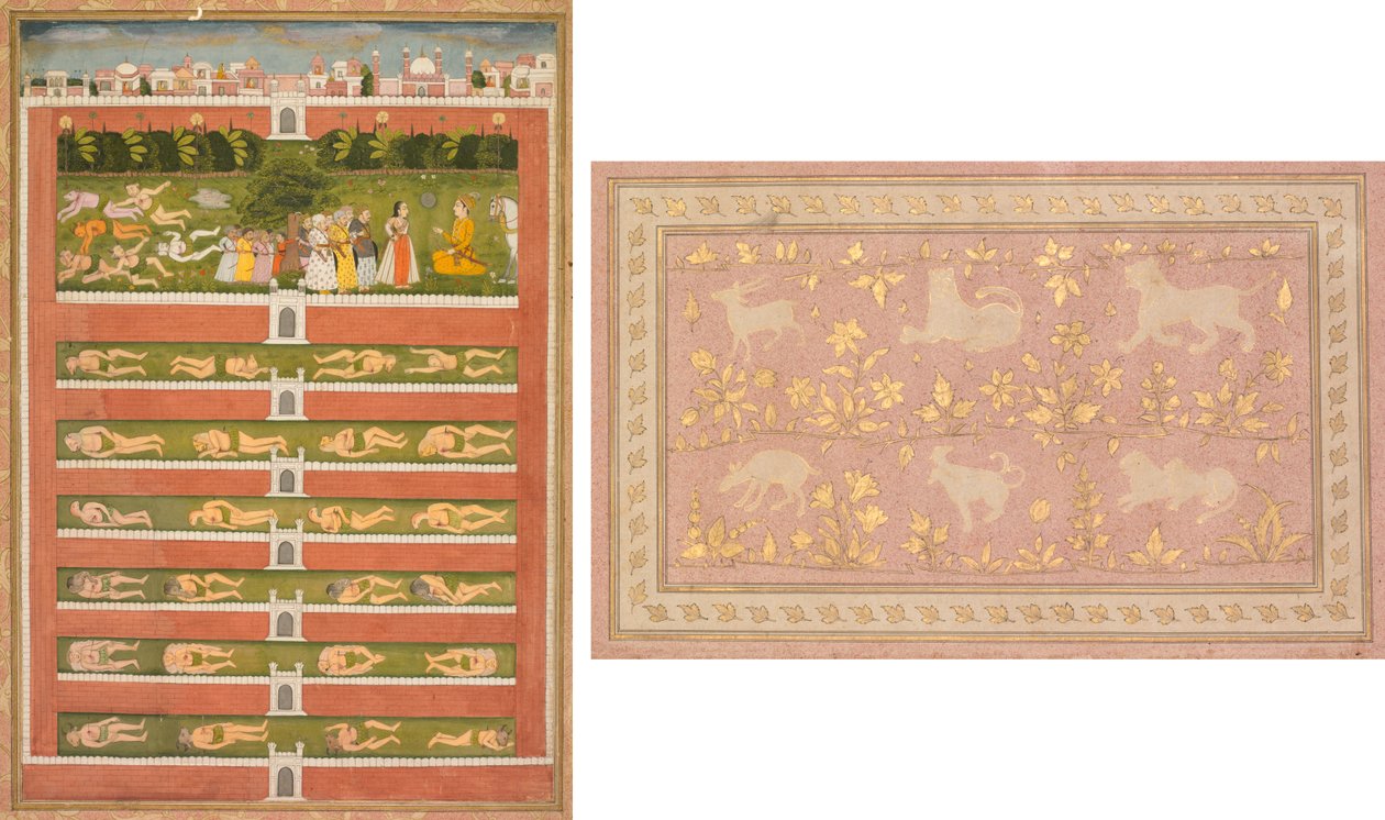 Een Prinses en Demonen voor een Edelman: Een Blad uit een Poëtische Roman over Shah Alam I (recto); Gesjabloneerde Scènes van Leeuw en Gazelle (verso) door Unknown artist