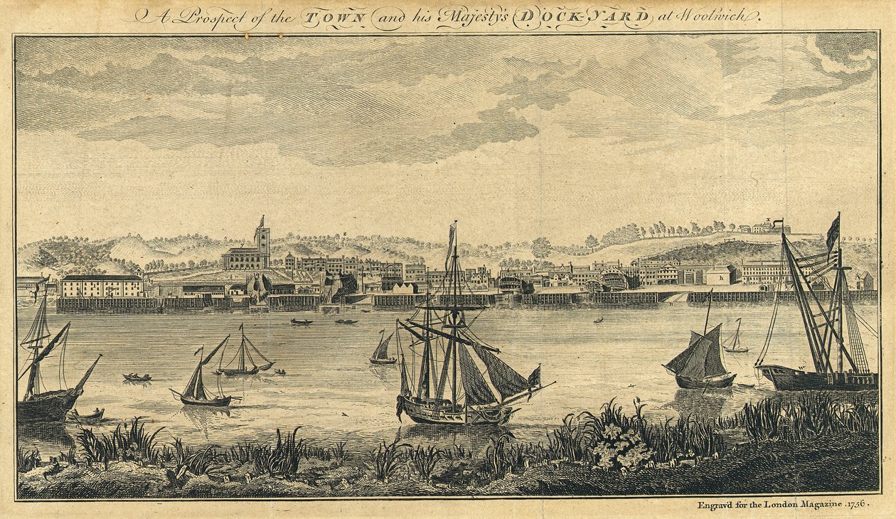 Een uitzicht op de stad en de scheepswerf van Zijne Majesteit in Woolwich door Unknown artist