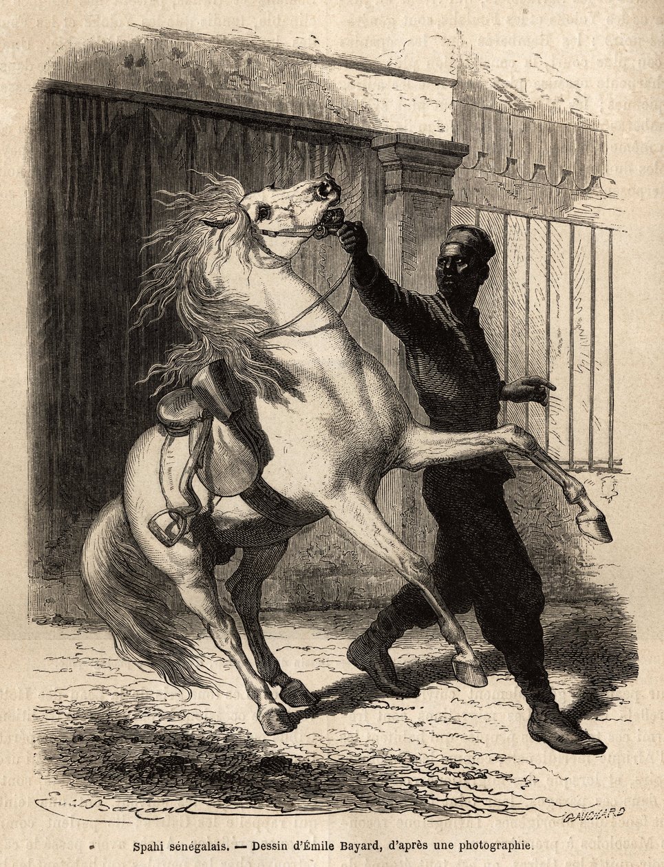Een Senegalese spahi (ruiter) in Saint-Louis (Saint Louis). Gravure ter illustratie van een cruise langs de kust van Afrika, door Vice-Admiral Fleuriot de Langle, in 1868, gepubliceerd in 