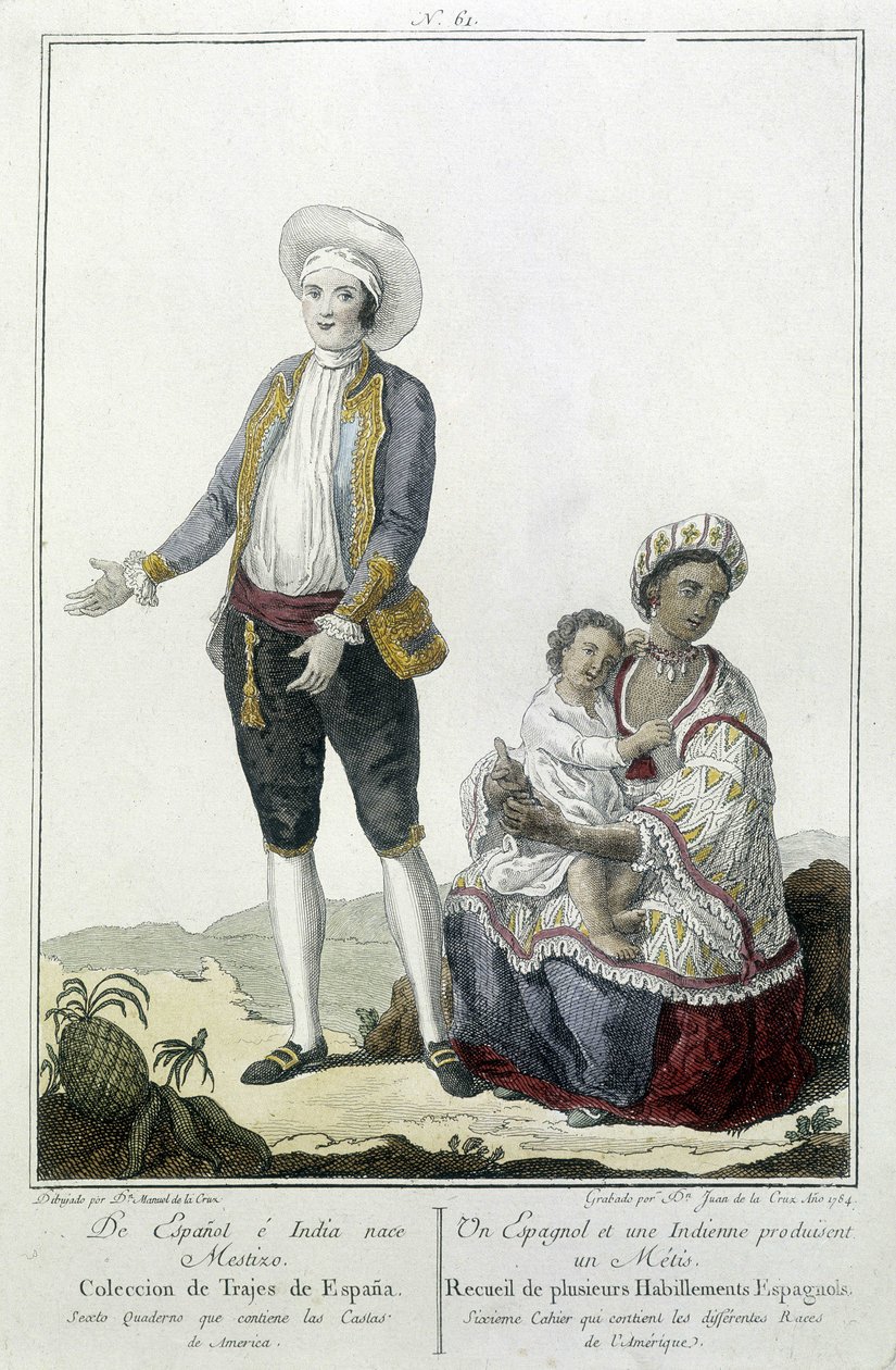 Een Spanjaard en een Indiaan baren een Métis - gravure door Unknown artist