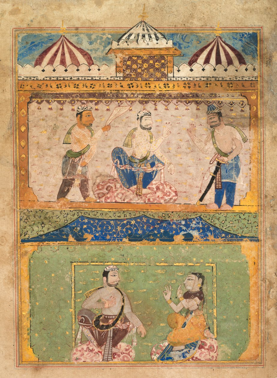 Een reiziger overtuigt Lorik om naar huis terug te keren (boven); Chanda protesteert (onder), uit een Chandayana (verhaal van Chanda) door Unknown artist