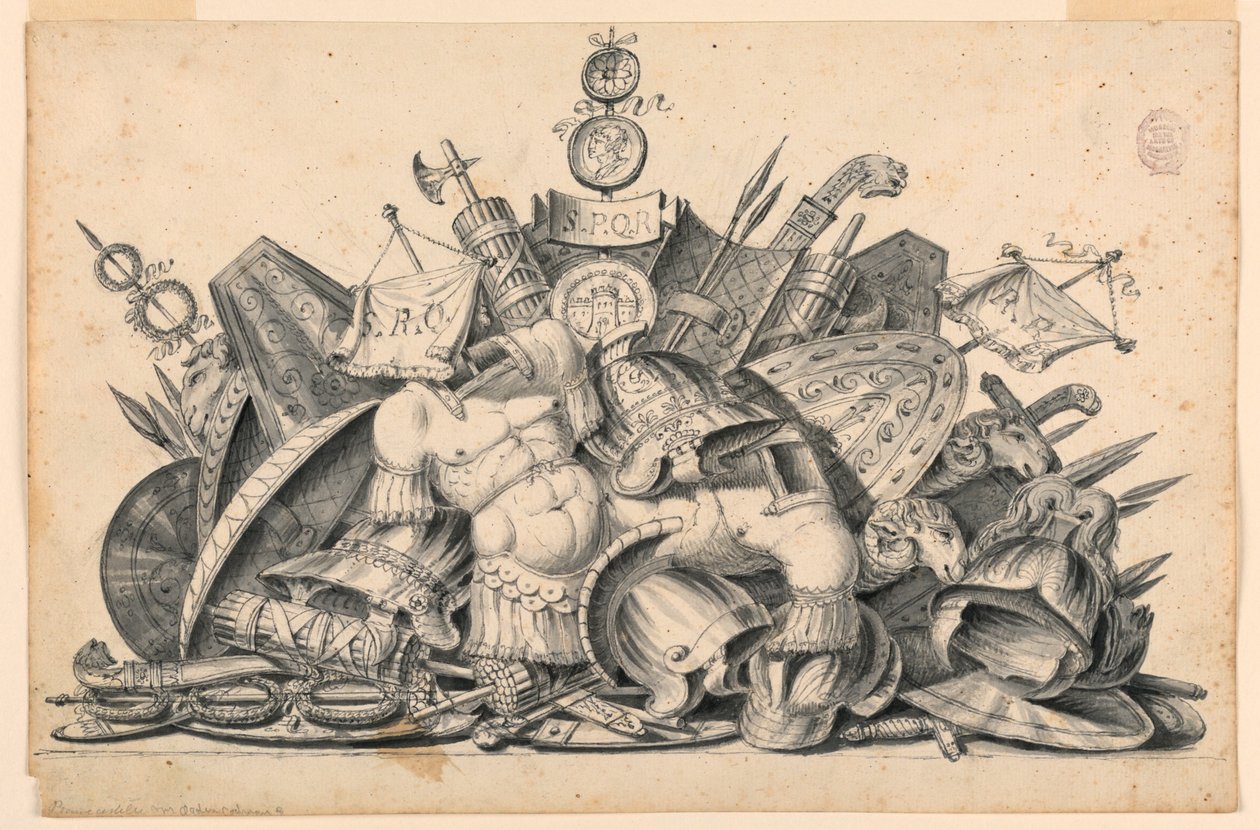 Een trofee van wapens bedoeld om in schilderij uit te voeren door Unknown artist