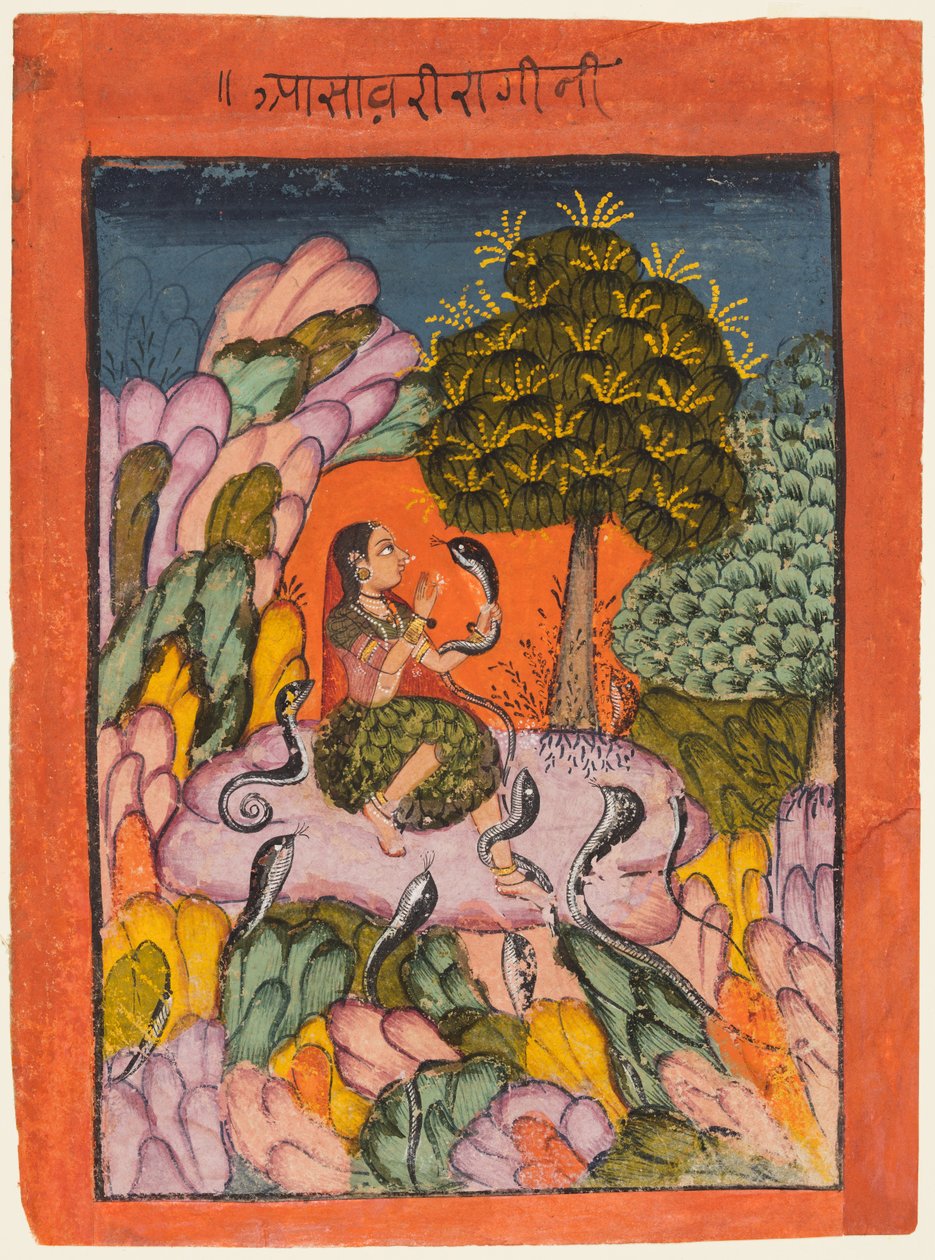 Een vrouw betovert slangen in de wildernis: Asavari Ragini, uit een Ragamala door Unknown artist