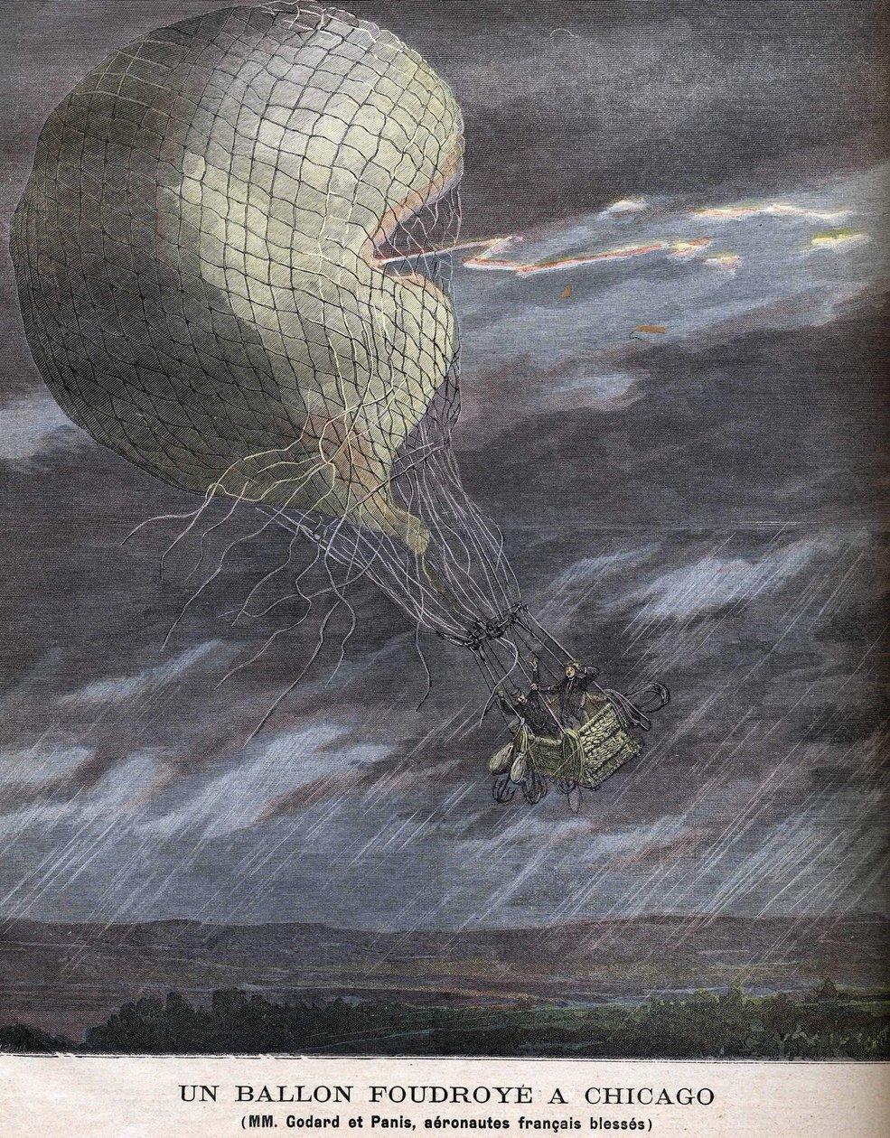 Een ballon geraakt in Chicago Louis Godard Jr. (1858-1933) en Panis gewond op ZATERDAG 25 juli door Unknown artist