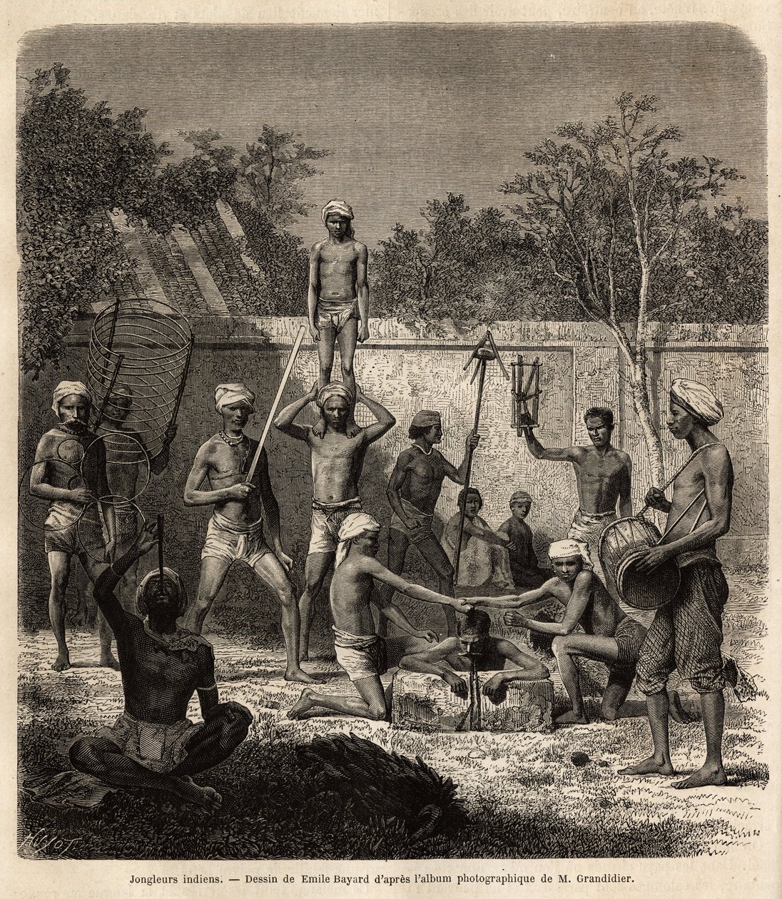 Een groep Indiase goochelaars. Gravure ter illustratie van de reis in de zuidelijke provincies van India, door Alfred Grandidier, in 1862-1864, gepubliceerd in 