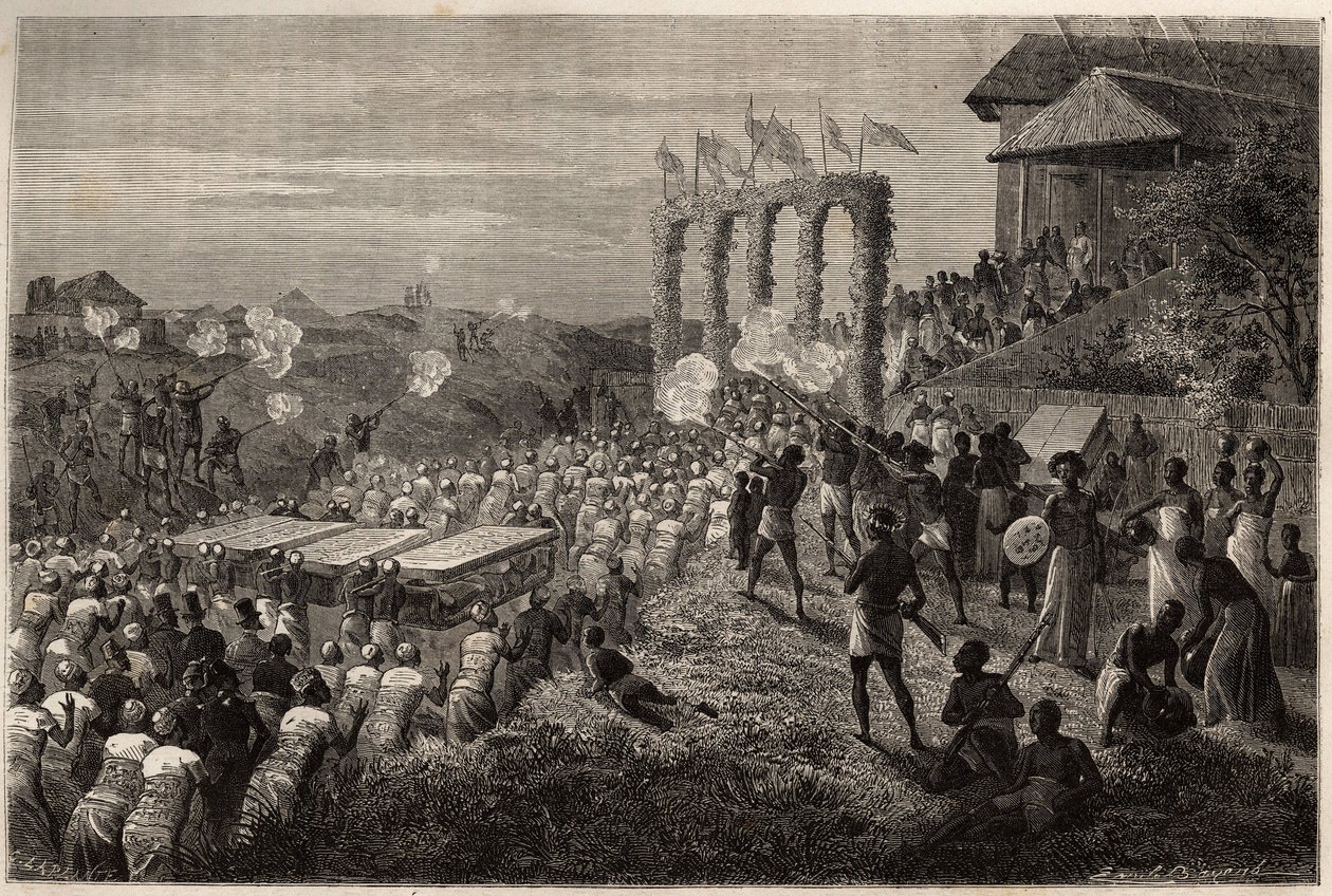 Een bruidsstoet in Tete (Mozambique). Gravure om de eerste reizen van Dr. Livingstone naar Zuidelijk Afrika van 1840 tot 1856 te illustreren, in 