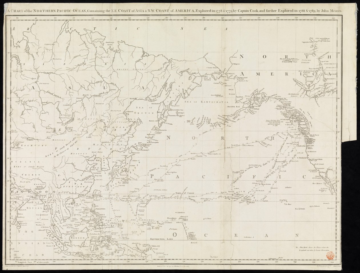 Een kaart van de Noordelijke Stille Oceaan met de NO-kust van Azië & NW-kust van Amerika verkend in 1778 & 1779 door Kapitein Cook en verder verkend in 1788 & 1789 door John Meares door Unknown artist
