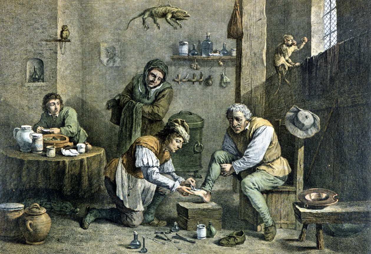 Een plattelandsdokter die een van zijn patiënten verzorgt. door Unknown artist