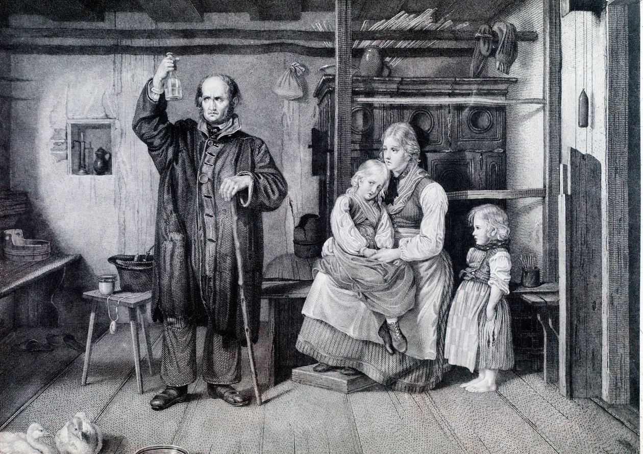 Een dokter die een fles onderzoekt, waarschijnlijk een urinefles, tijdens een bezoek aan een moeder en haar twee kinderen die in armoede leven (gravure) door Unknown artist