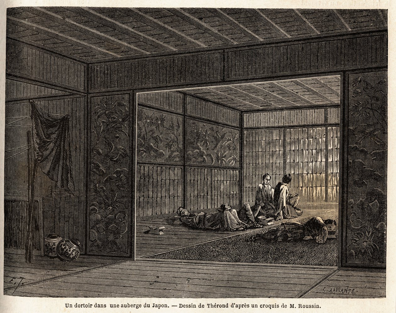 Een slaapzaal in een herberg in Japan. Gravure ter illustratie van de reis naar Japan in 1863-1864, door Aime Humbert, minister van de Zwitserse Confederatie, in 
