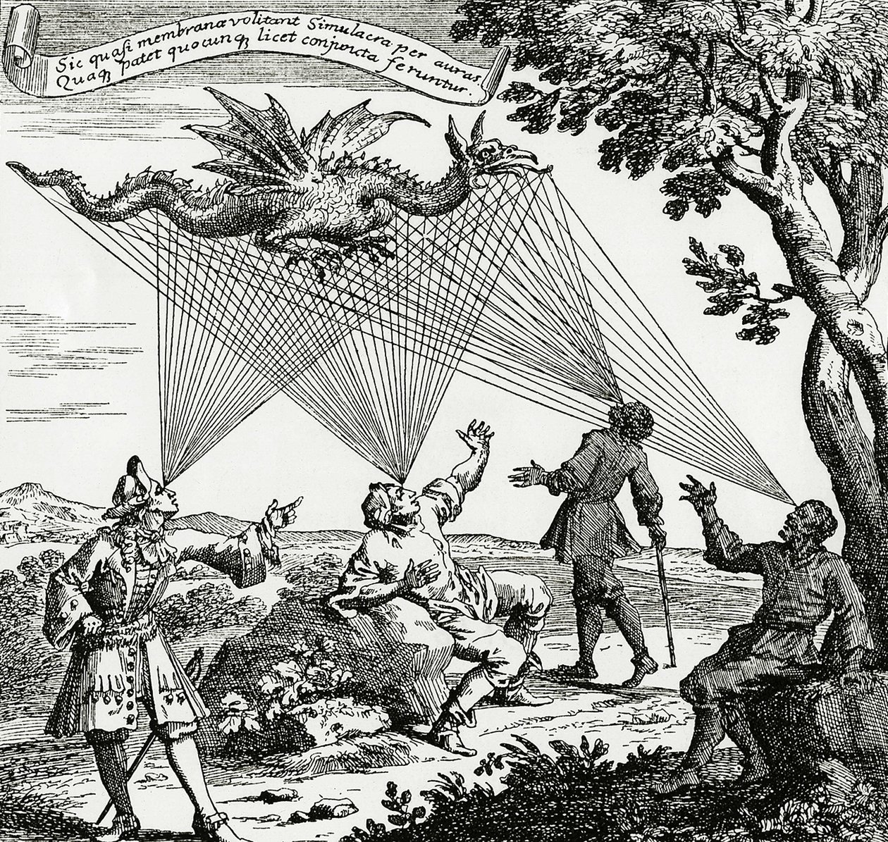 Een draak gezien vanuit verschillende hoeken, gebaseerd op een kopergravure van Zahn
