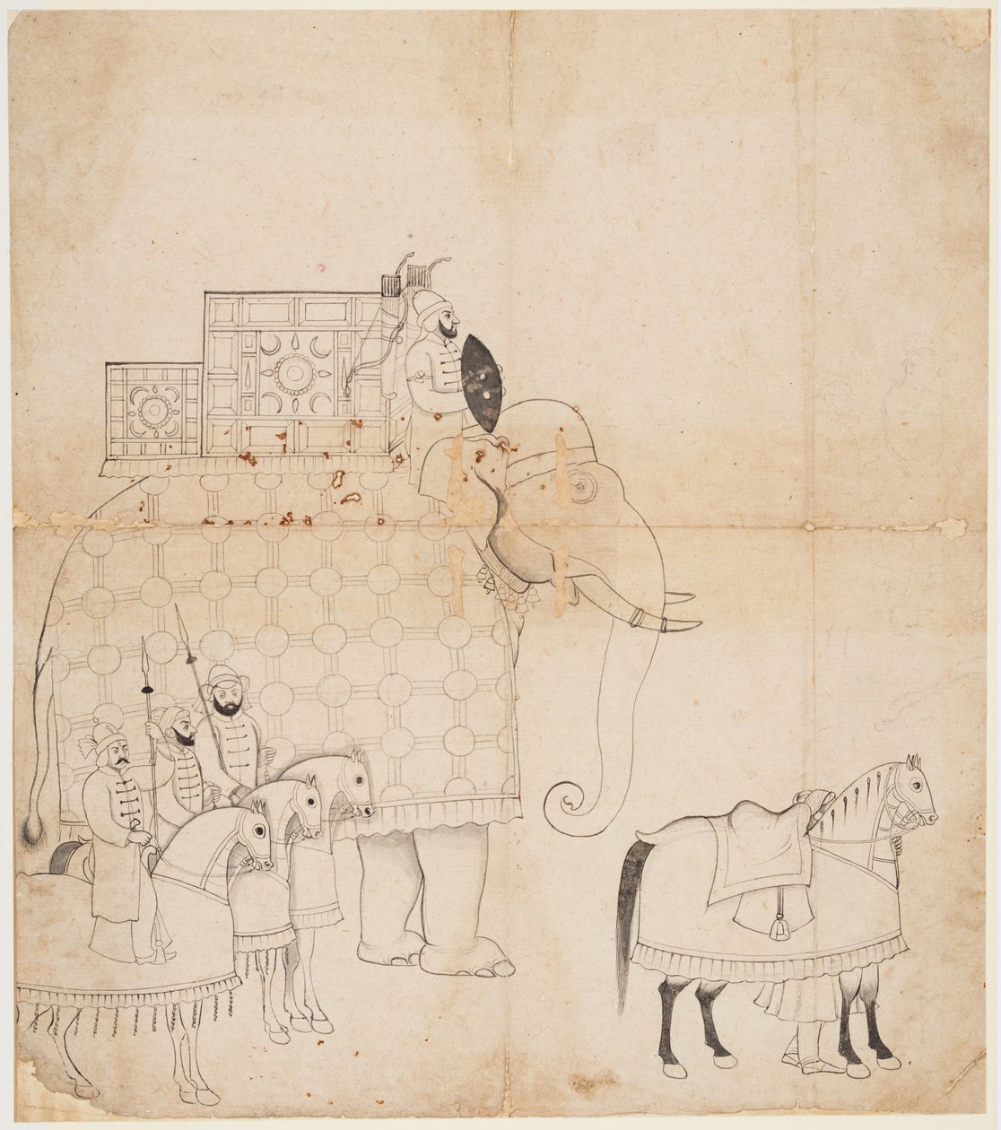 Een tekening van een versierde olifant en paarden door Unknown artist
