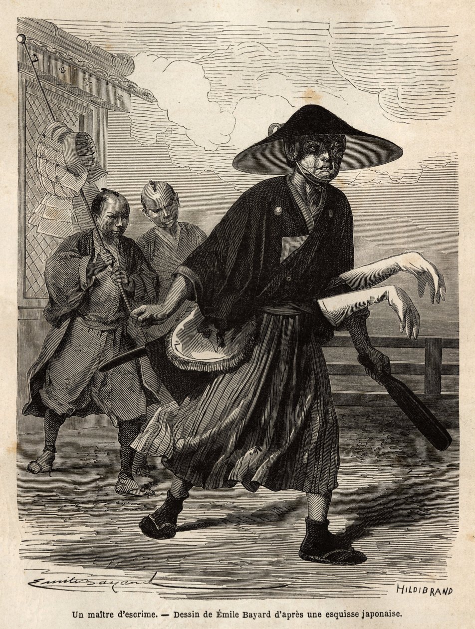 Een schermmeester, gevolgd door twee helpers die zijn materiaal dragen, de meester schuift zijn witte handschoenen over de mouwen van zijn zwaarden. Gravure ter illustratie van de reis naar Japan, in 1863-1864, door Aime Humbert, minister van de Zwitserse  door Unknown artist