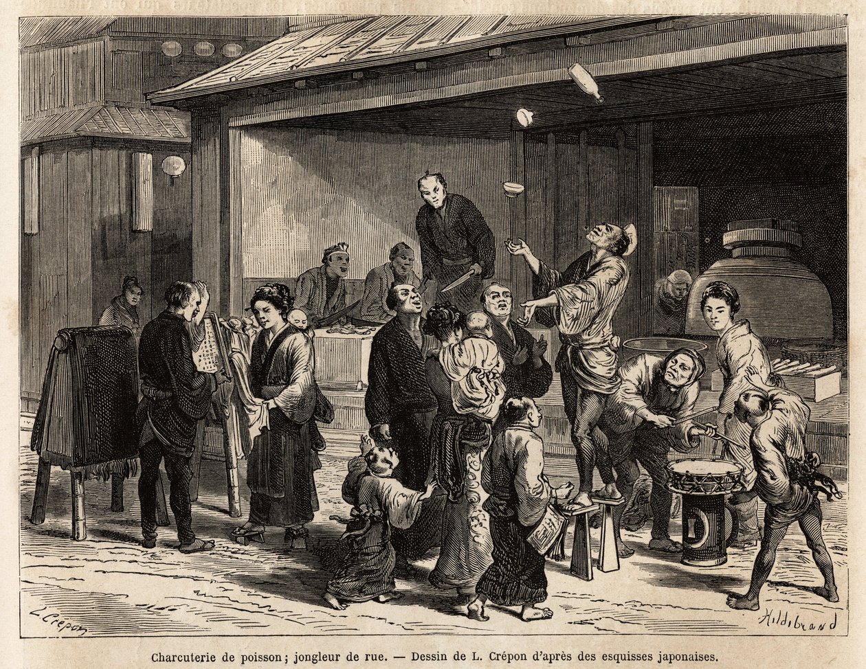 Een levendig tafereel van een straat in Edo (Tokio), met een reizende goochelaar voor een viswinkel, en een goedkope stoffenverkoper. Gravure ter illustratie van de reis naar Japan, door Aime Humbert, minister van de Zwitserse Confederatie, in 1863-1864, g door Unknown artist