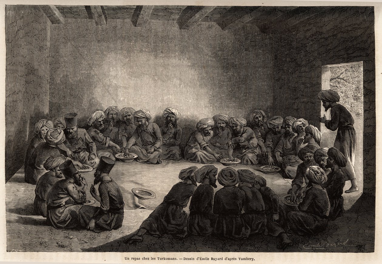 Een maaltijd bij de Turkmenen (Irak). Tekening door Emile Bayard, ter illustratie van de reis naar Centraal-Azië, in 1863, door Arminius Vambery (Hongaarse wetenschapper vermomd als derwisj). Gravure in 