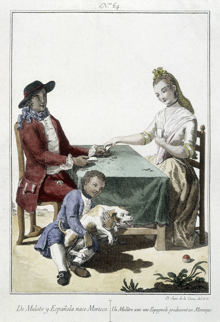 Een mulat en een Spanjaard krijgen een Moor - gravure door Unknown artist
