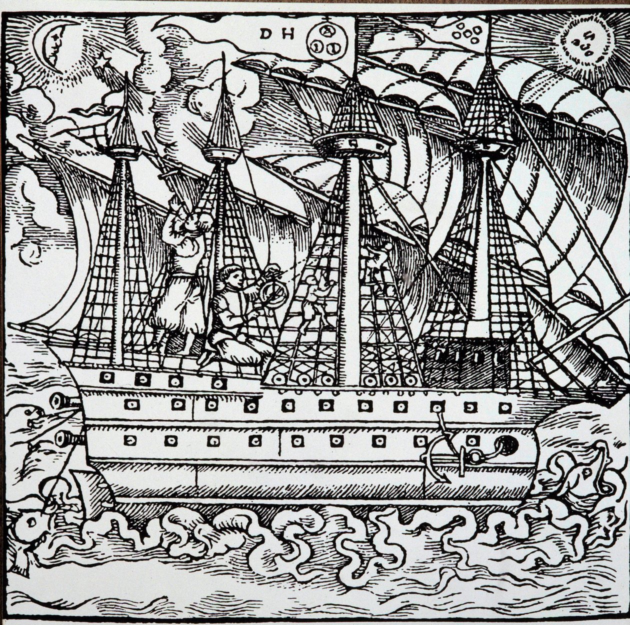 Een navigator op een Portugese karveel met een astrolabium door Unknown artist