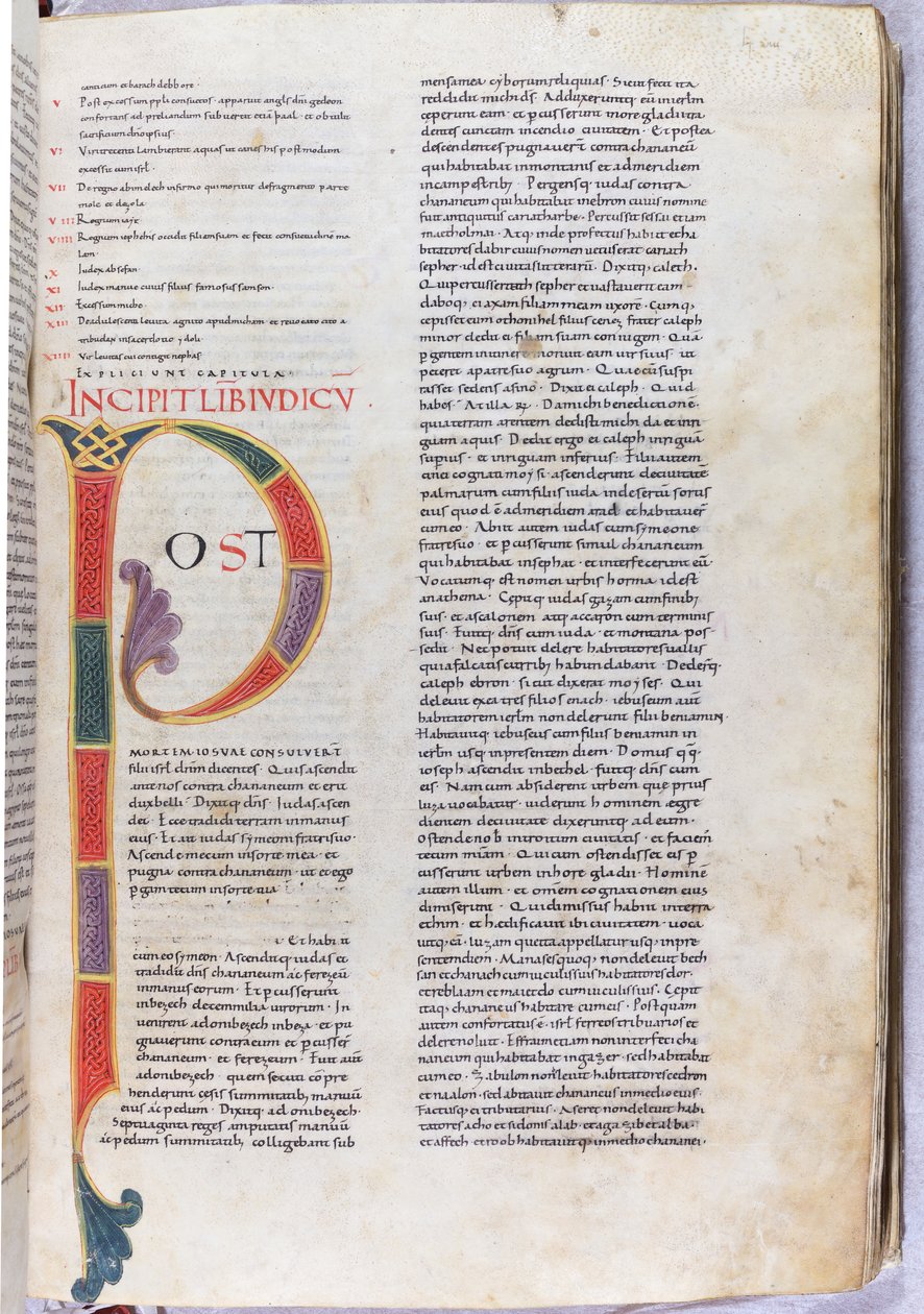 Een pagina met de incipit van het boek Rechters "Na de dood van Jozua...", 11e eeuw (miniatuur, vliezig handschrift) door Unknown artist