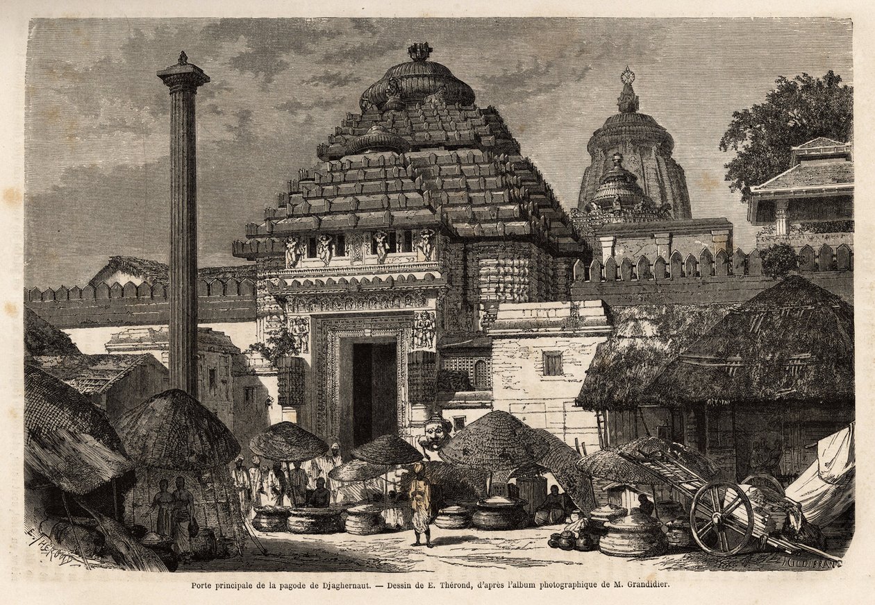 Een populaire wandeling voor de hoofdingang van de Djaghernaut Pagoda (gebouwd rond 1200), een heilige stad en pelgrimsoord in Zuid-Bengalen. Gravure ter illustratie van de reis in de zuidelijke provincies van India, door Alfred Grandidier, in 1862-1864, g door Unknown artist