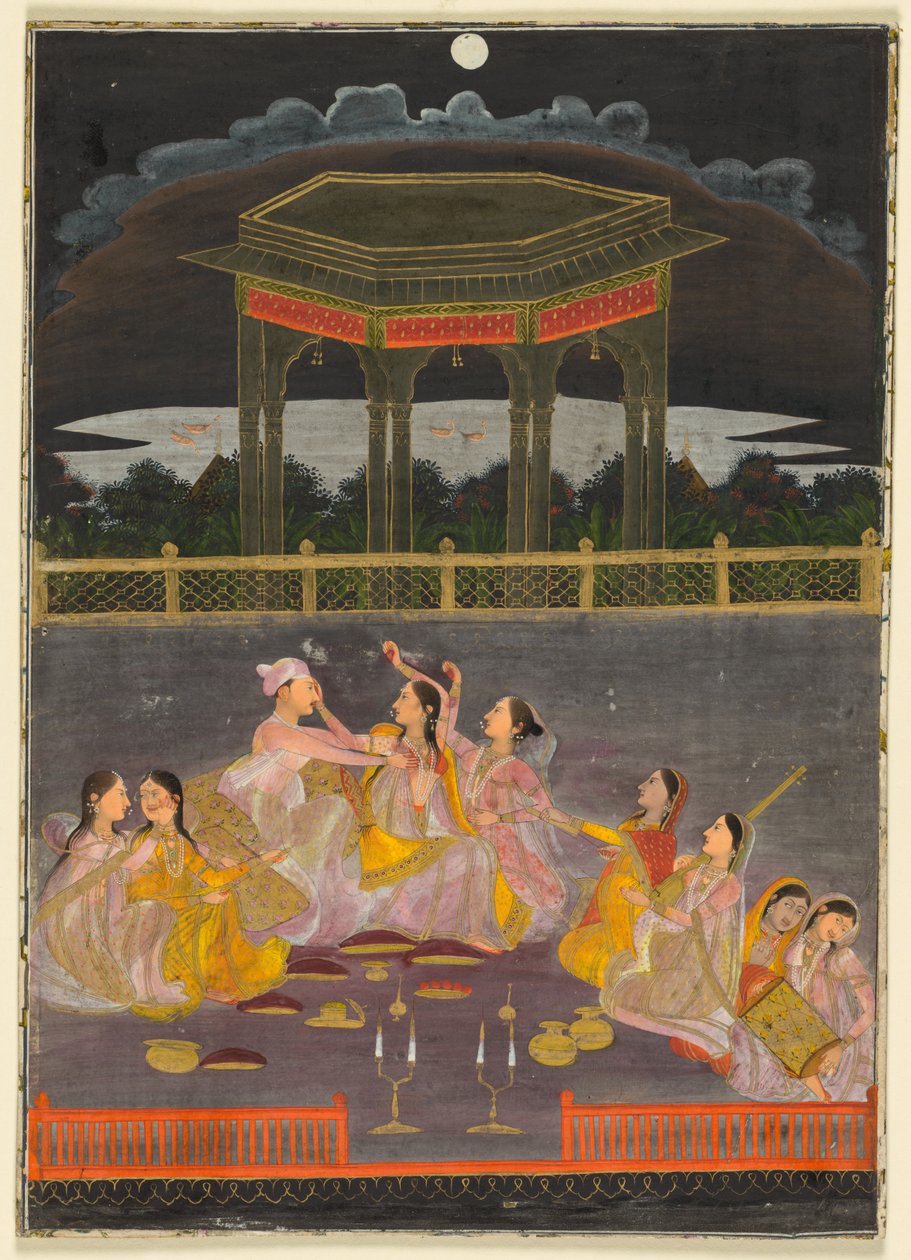 Een prins viert Holi met paleisvrouwen op een terras 