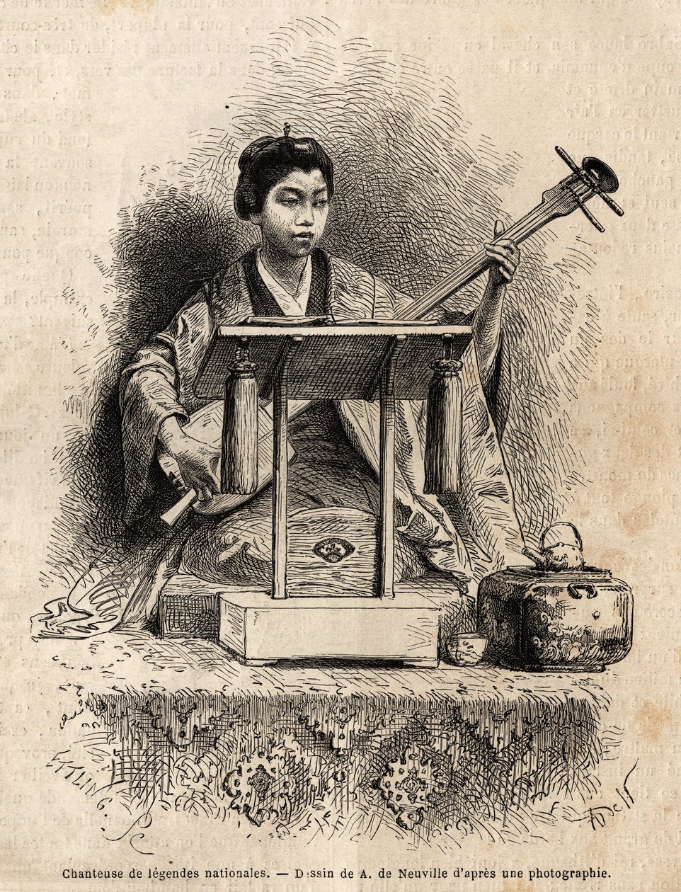 Een zanger van nationale legendes, spelend op een shamisen om haar lied te begeleiden, zittend achter haar bureau. Gravure ter illustratie van de reis naar Japan, in 1863-1864, door Aime Humbert, minister van de Zwitserse Confederatie, in Le tour du monde, door Unknown artist