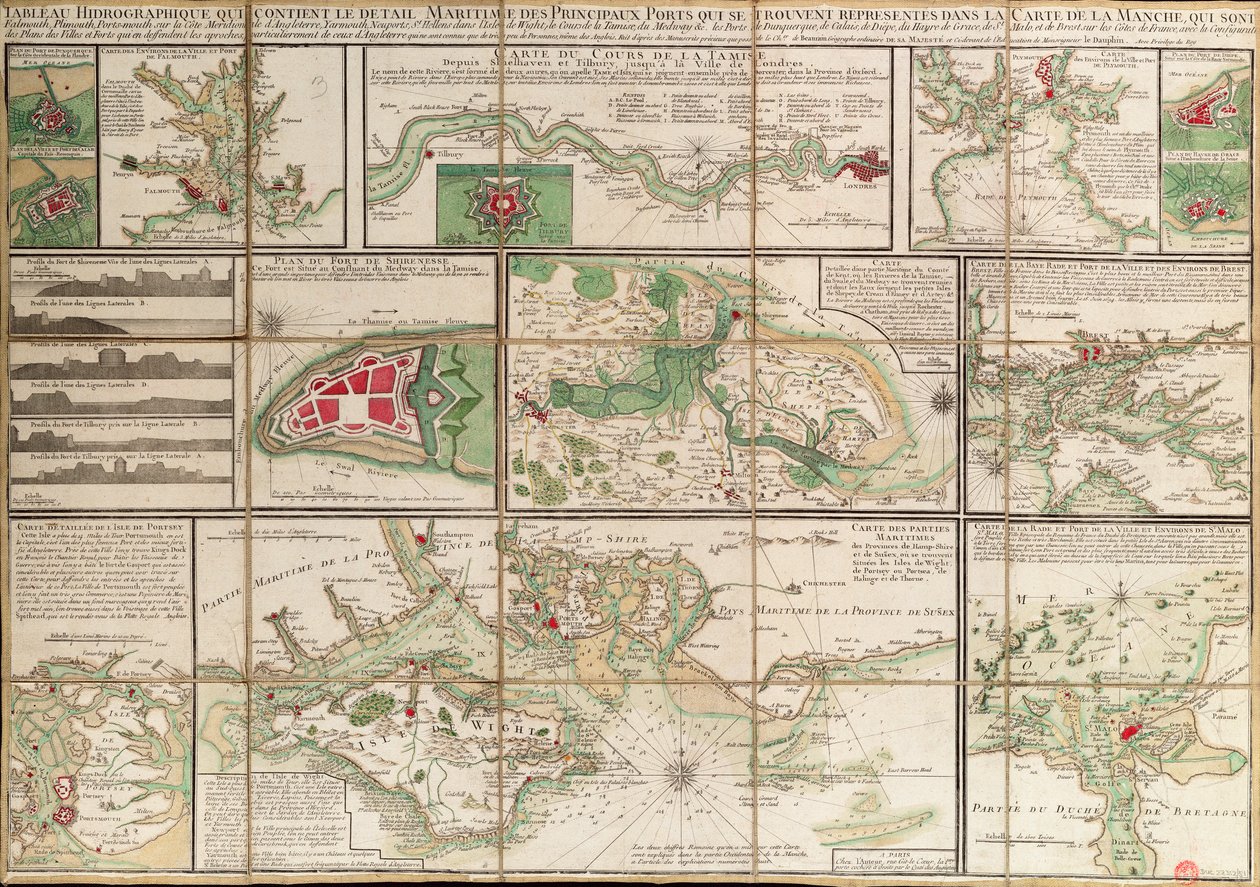 Een tafel met details van de belangrijkste maritieme havens die worden weergegeven in de kaart van het Engelse Kanaal, ca. 1780 door Unknown artist