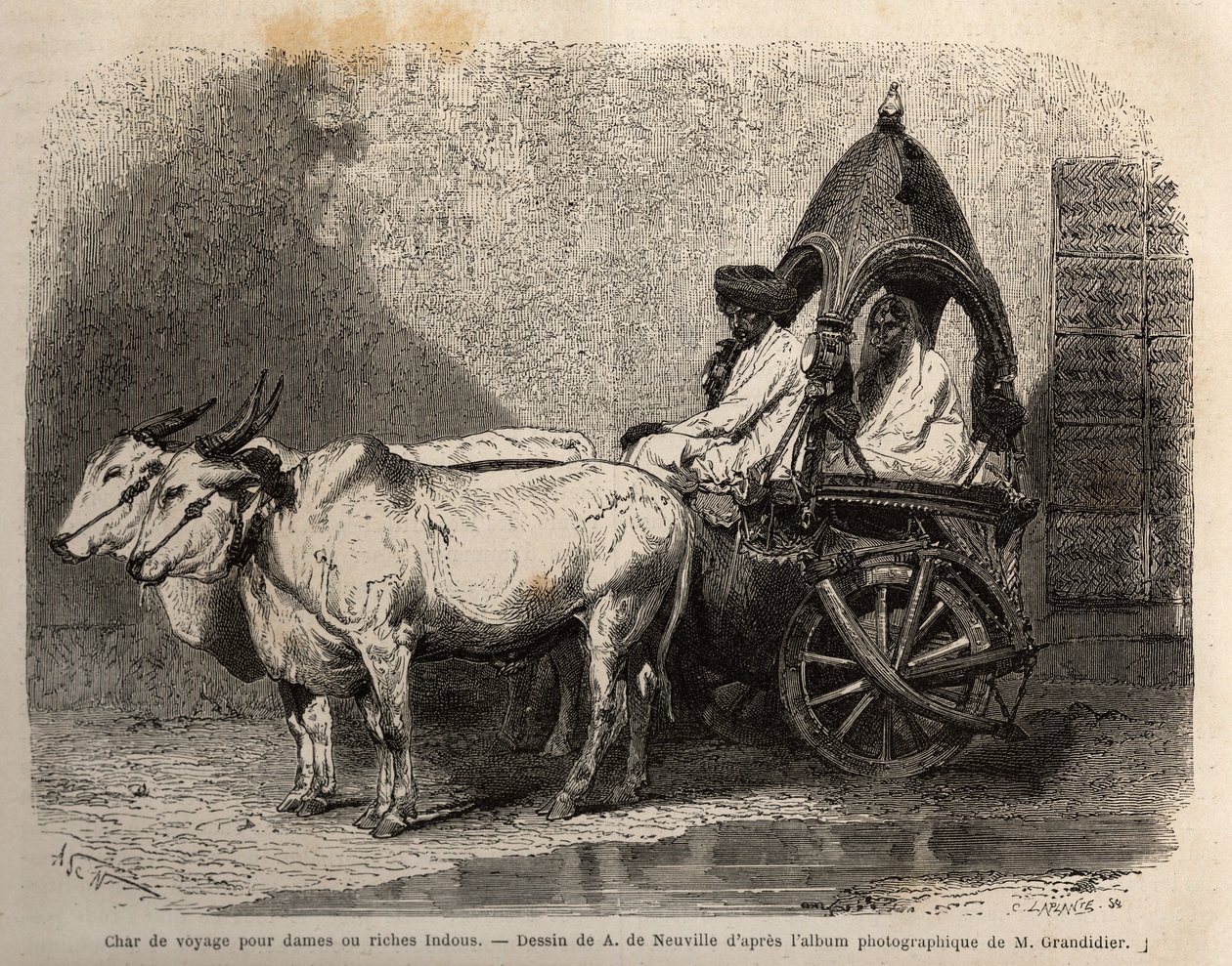 Een reiskar getrokken door twee witte ossen, voor dames of rijke hindoes. Gravure ter illustratie van de reis in de zuidelijke provincies van India, door Alfred Grandidier, in 1862-1864, gepubliceerd in 