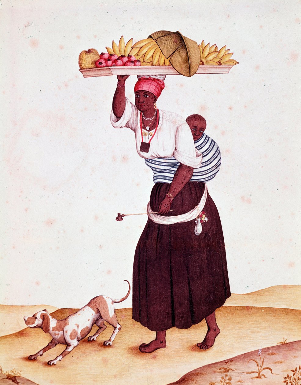 Een reizende fruitverkoper in Brazilië, ze draagt haar kind op haar rug door Unknown artist