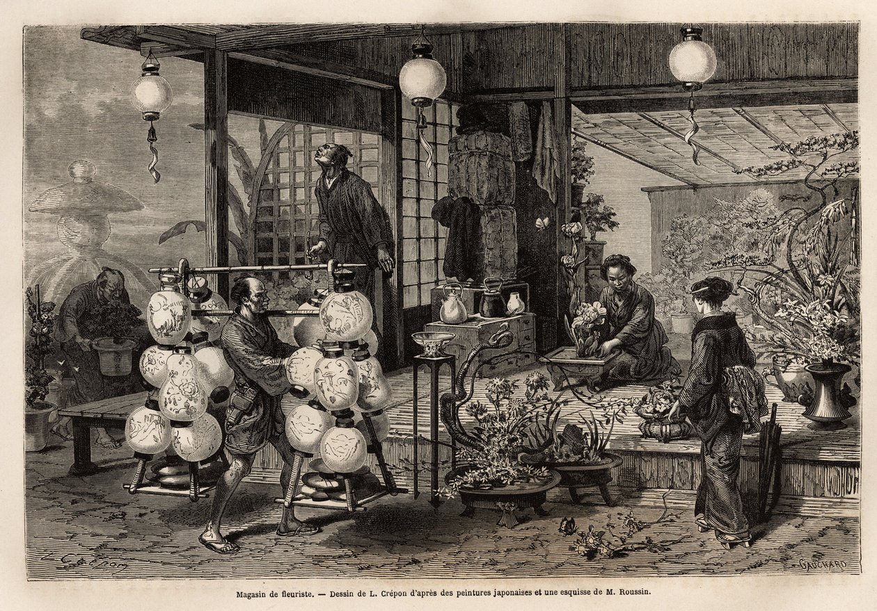 Een reizende verkoper van geschilderde lantaarns passeert een bloemenwinkel in Yedo (of Edo, het huidige Tokio), waar een vrouw een compositie van grote bloemen maakt, terwijl bonsai eerder een mannelijke kunst is. Gravure ter illustratie van Japan, reisve door Unknown artist