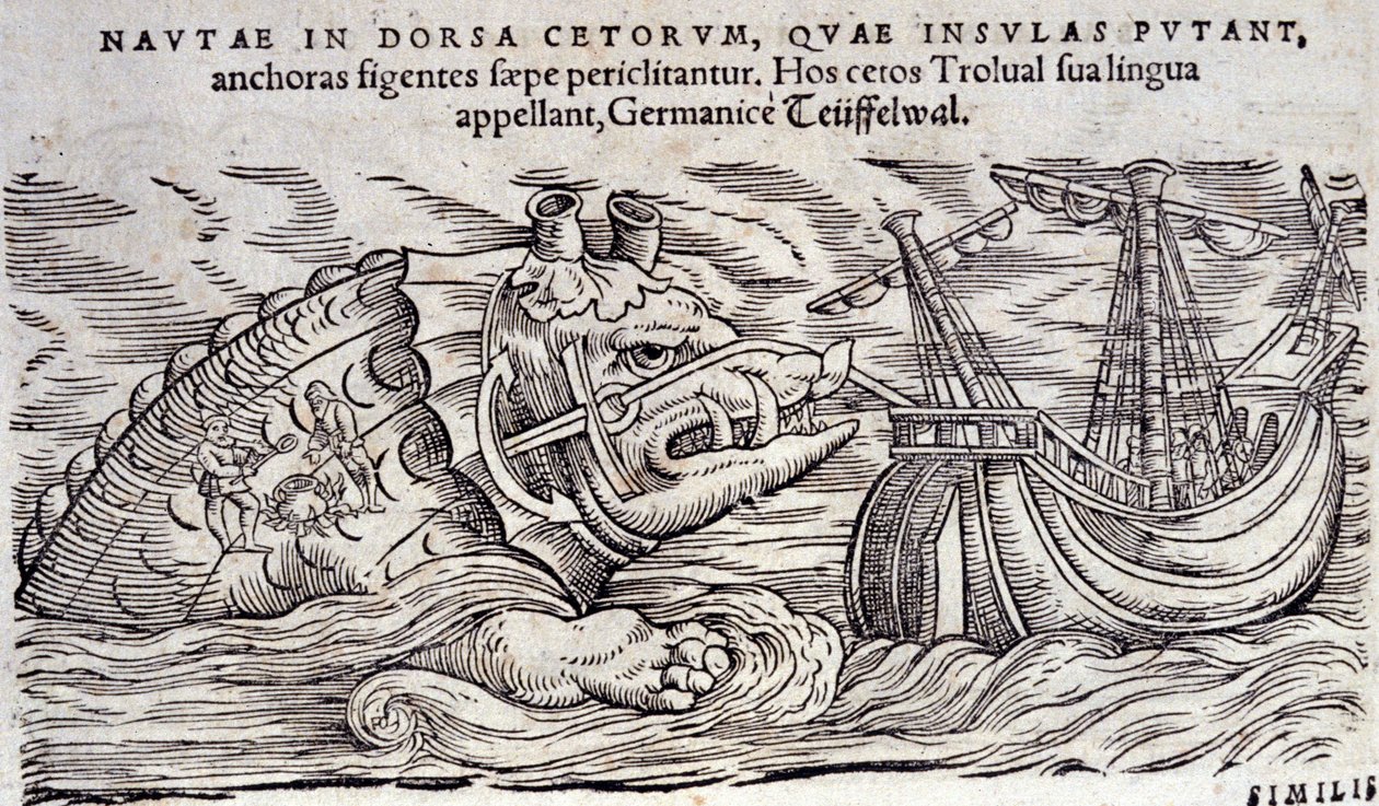 Een walvis verward met een eiland. Twee mensen maken een vuur op de rug van een zeemonster. Gravure in 