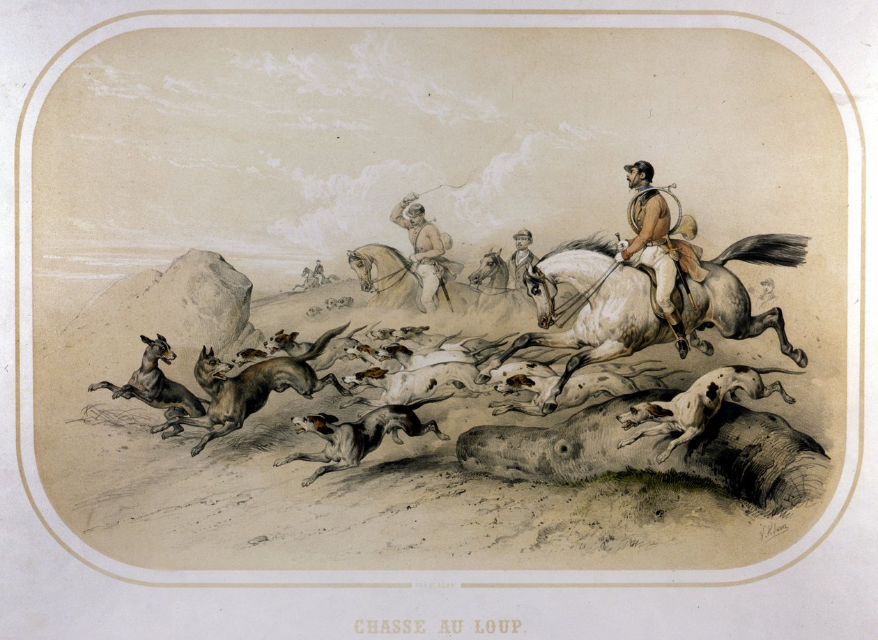 Een wolvenjacht. Gravure uit de 19e eeuw door Unknown artist
