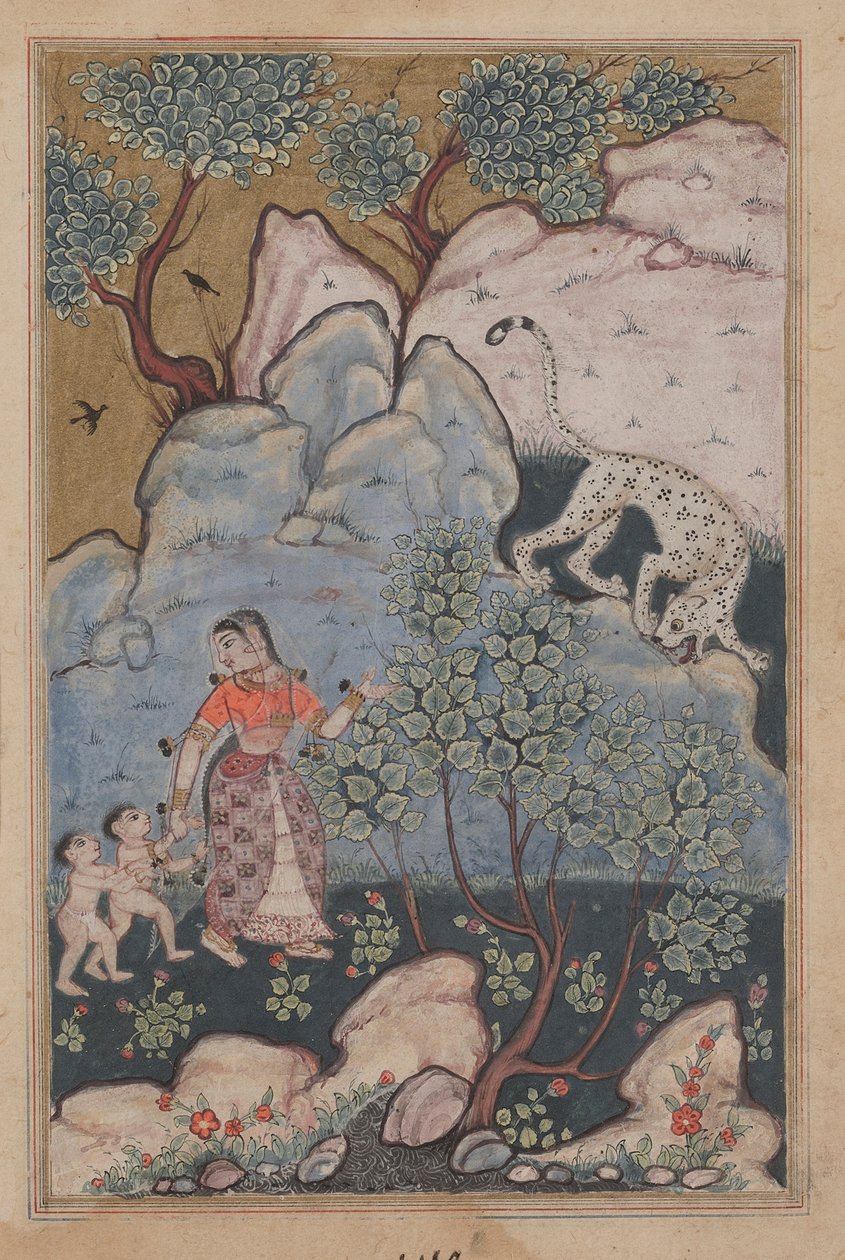 Een vrouw met twee kinderen, die haar huis heeft verlaten, gaat het bos in waar ze een luipaard tegenkomt, uit een Tuti-nama (Verhalen van een Papegaai): Dertigste Nacht door Unknown artist