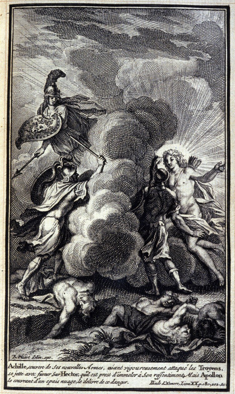 Achilles, bedekt met zijn nieuwe wapens, valt de Trojanen fel aan, stort zich woedend op Hector, die hij op het punt staat te doden, maar Apollo bedekt hem met een dikke wolk om hem van dit gevaar te bevrijden. Illustratie van boek XVII van de Ilias van Ho door Unknown artist