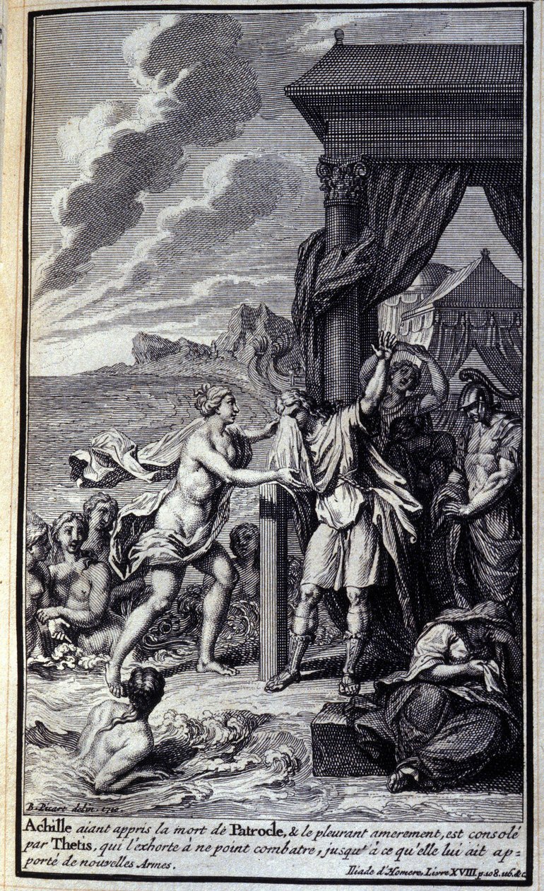 Achilles, die van de dood van Patroclus hoort en bitter om hem huilt, wordt getroost door Thetis, die hem aanspoort niet te vechten totdat ze hem nieuwe wapens brengt. Illustratie van boek XVIII van de Ilias van Homeros, Franse editie door Unknown artist