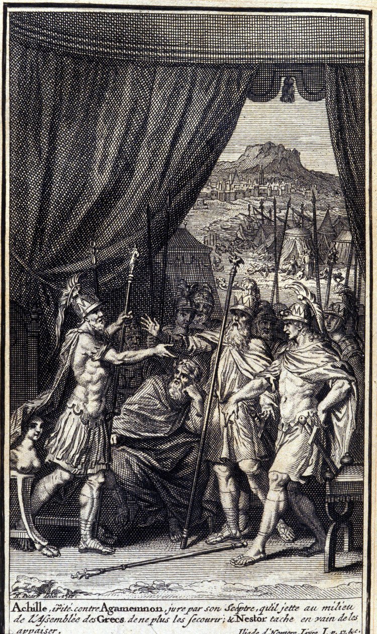 Achilles, boos op Agamemnon, zweert bij zijn scepter die hij in het midden van de Griekse vergadering gooit, hen niet te helpen; en Nestor probeert tevergeefs hen te kalmeren. Illustratie van boek I van de Ilias van Homeros, Franse editie door Unknown artist