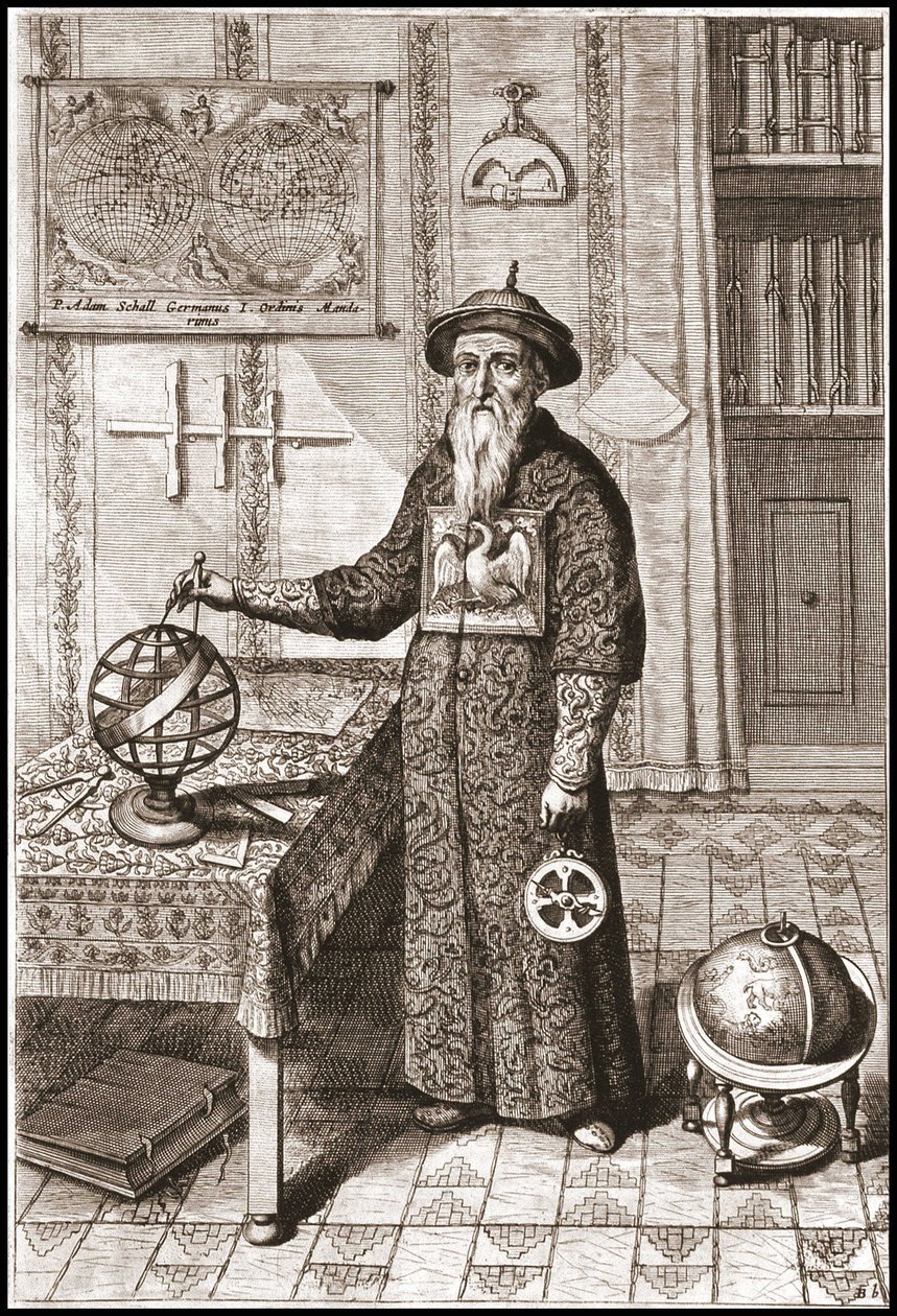Adam Schall, astronoom (1592-1666) in mandarijnkostuum, met aard- en hemelglobes en astrolabium - in “China” door Athanase Kircher door Unknown artist