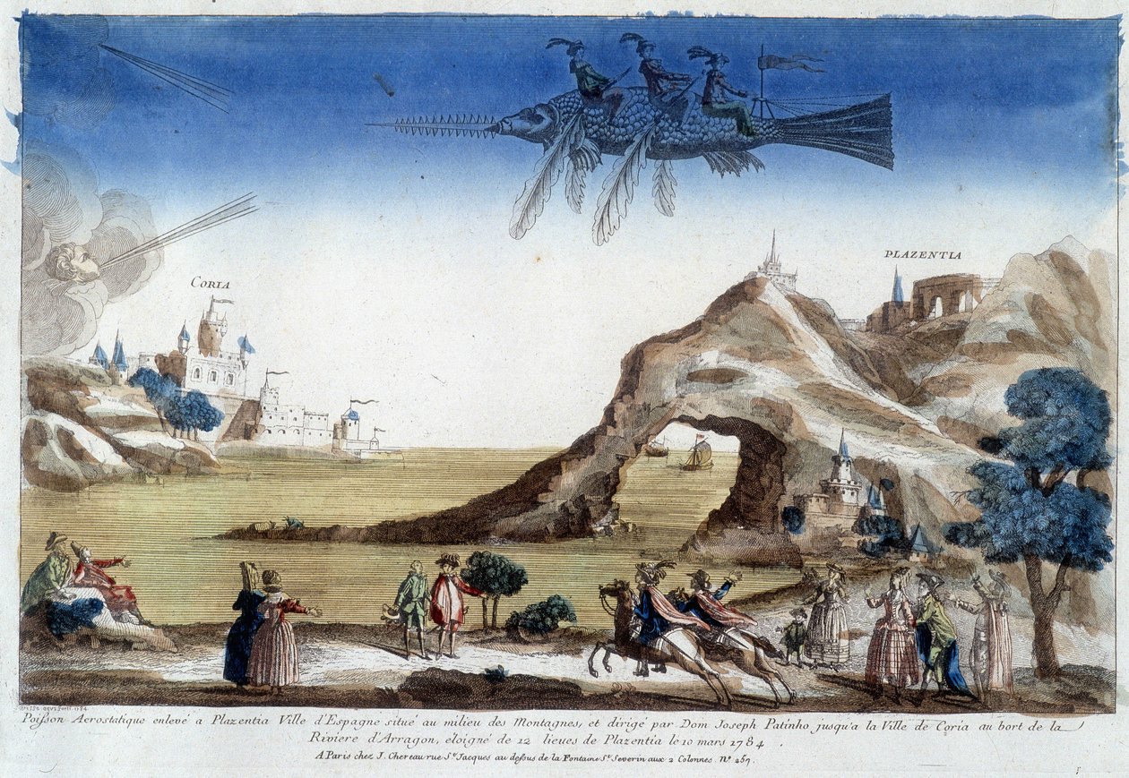 Aerostatische vis opgeheven in Plazentia, Spanje, geleid door Dom Joseph Patinho, vliegend naar de stad Coria aan de oevers van de Arragon rivier (12 leagues van Plazentia) op 10 maart door Unknown artist
