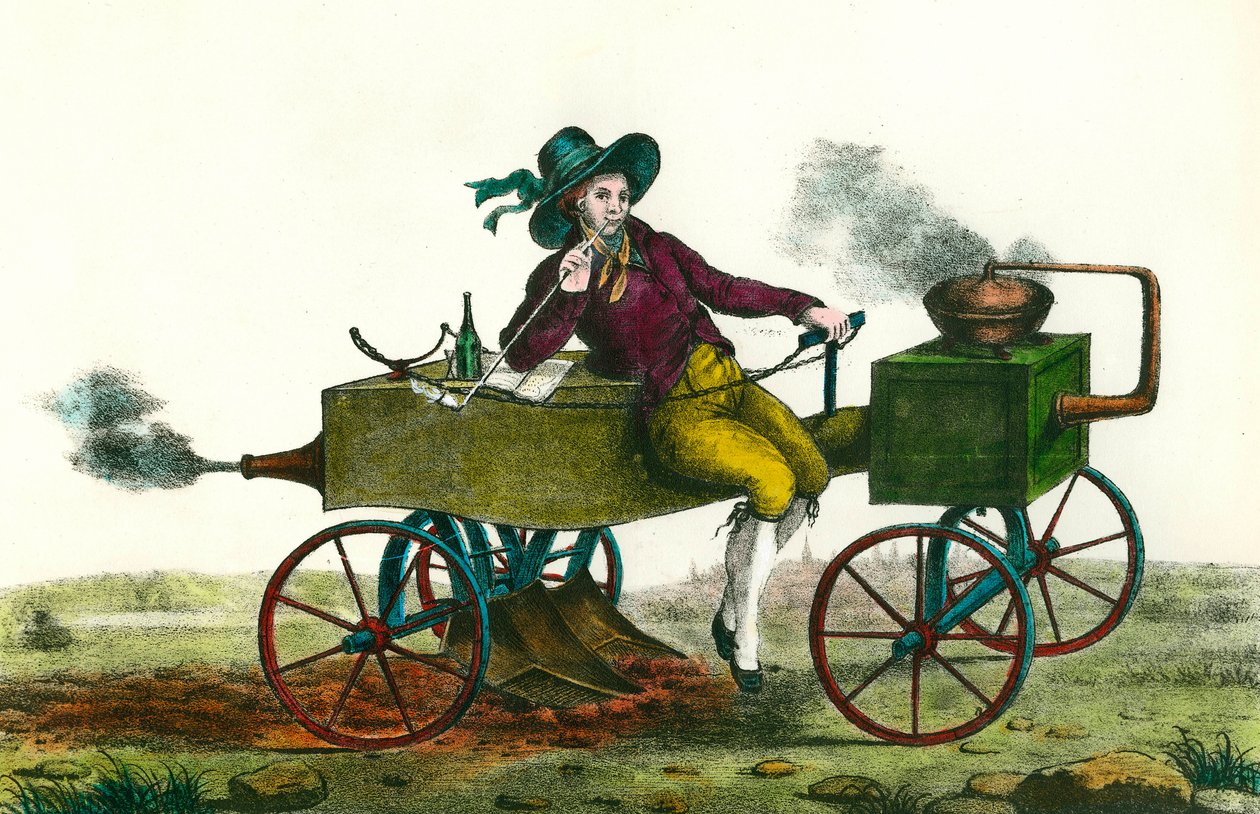 Landbouw: ploegscène met een stoommachine in 1834. Anonieme gravure uit 1834. Privécollectie door Unknown artist
