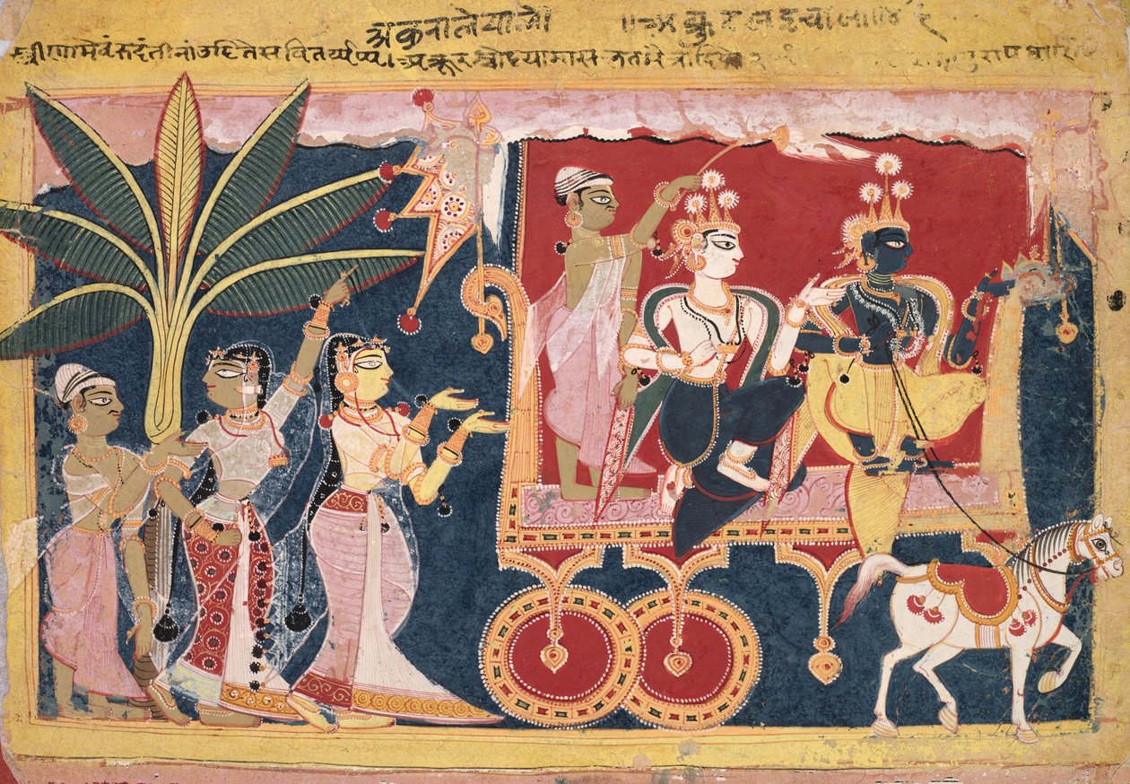 Akrura rijdt Krishna en Balarama naar Mathura (Isarda Bhagavata Purana) door Unknown artist