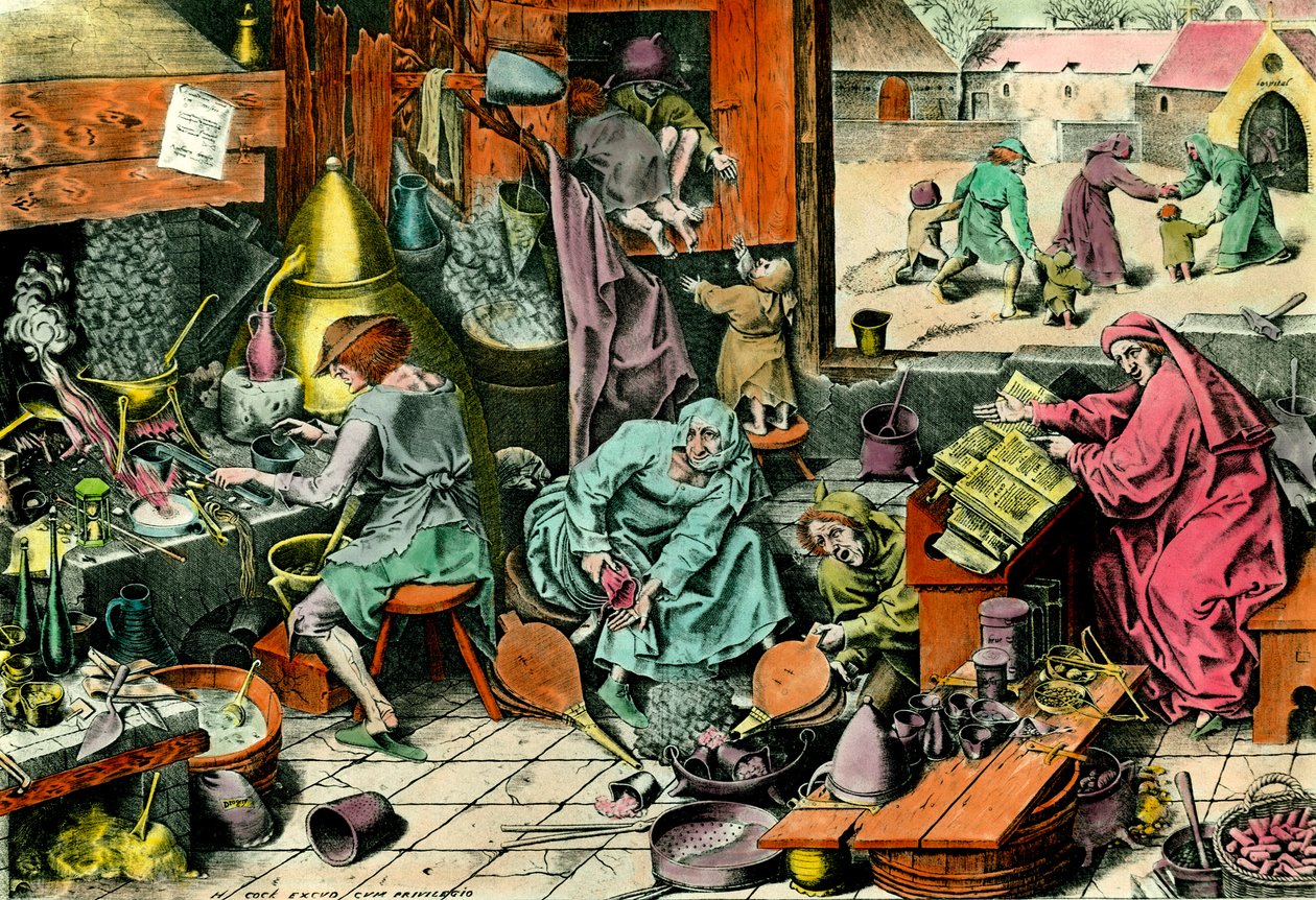 Alchemielaboratorium Een alchemist die een grimoire raadpleegt. Gravure uit de 16e eeuw Privécollectie door Unknown artist