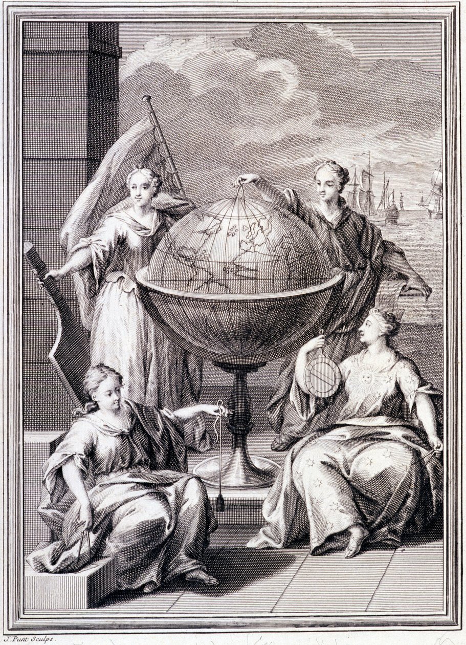 Allegorie van de Verkenning van de Wereld - in "Historical Journey of South America done by Order of the King of Spain", door Don Georges Juan en Don Antoine de Ulloa, Librairie du Roi, Parijs door Unknown artist