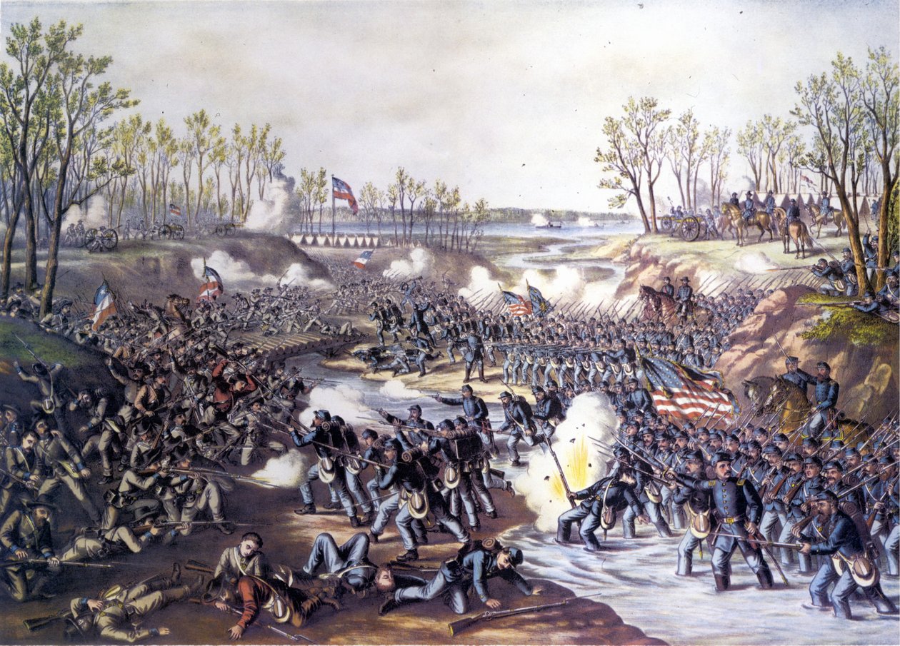 Amerikaanse Burgeroorlog (1861 - 1865): Slag bij Shiloh of Pittsburg Landing (Tennessee) 06-07 april 1862. Gravure uit de 19e eeuw. door Unknown artist