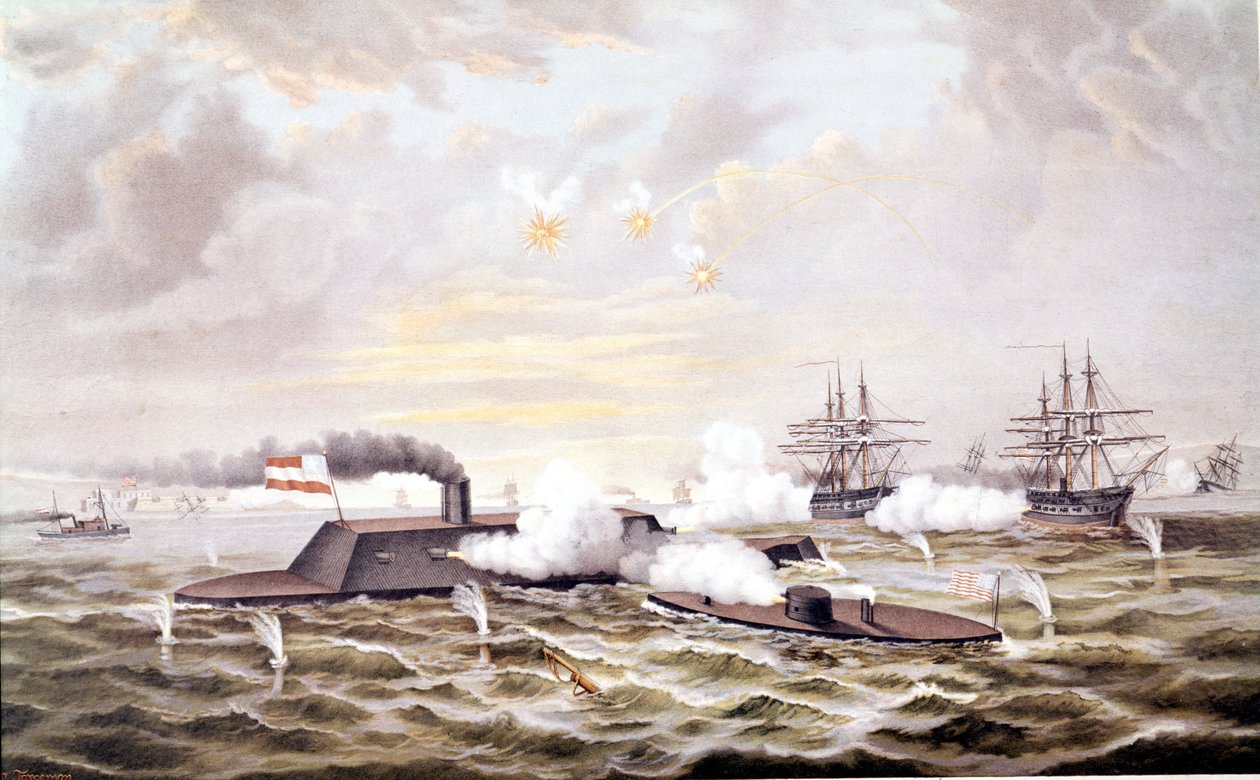 Amerikaanse Burgeroorlog (1861 - 1865): Zeeslag bij Hampton Roads (Virginia) 08-09 maart door Unknown artist