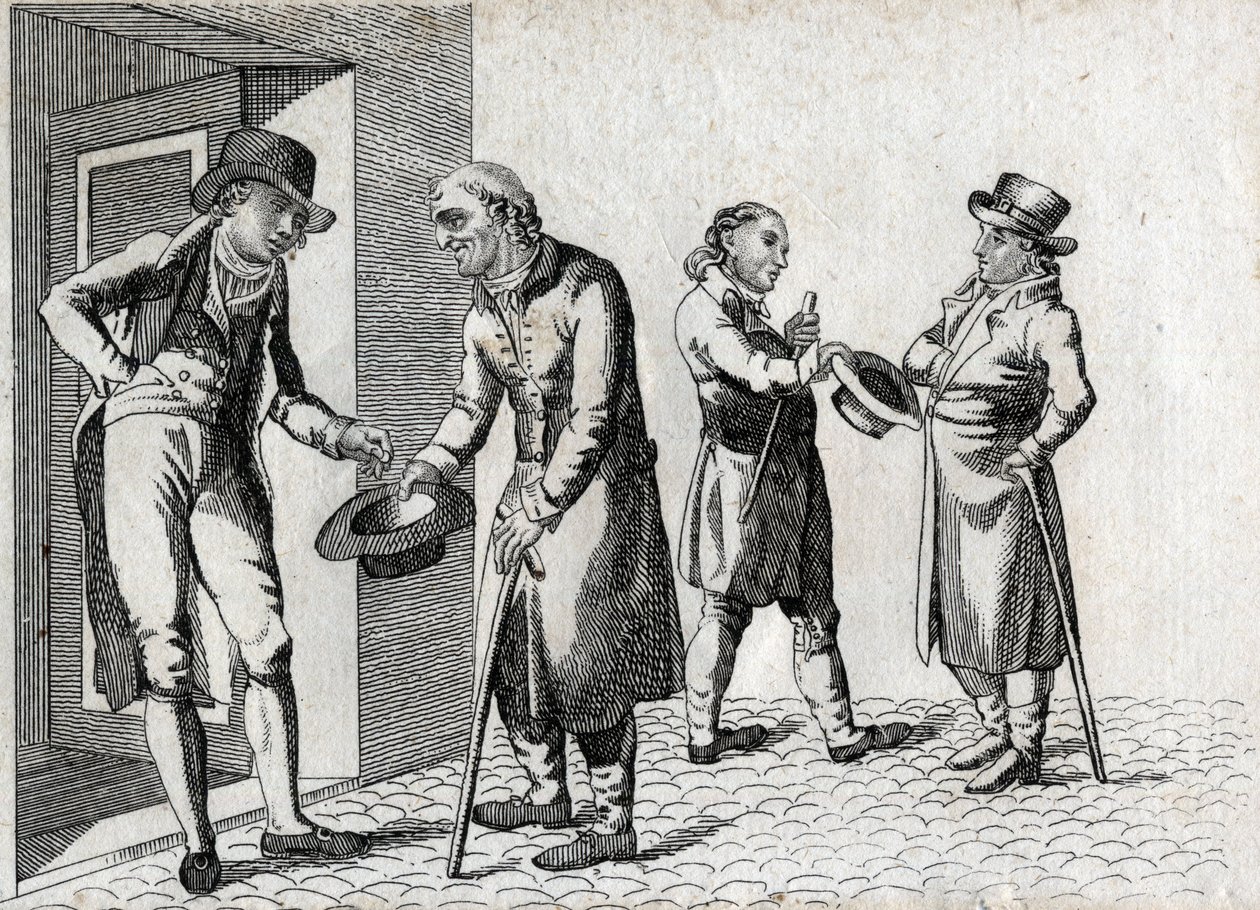 Amone. Bedelaars die hoeden uitsteken om munten te ontvangen. Eindgravure van de 18e eeuw. Privécollectie door Unknown artist
