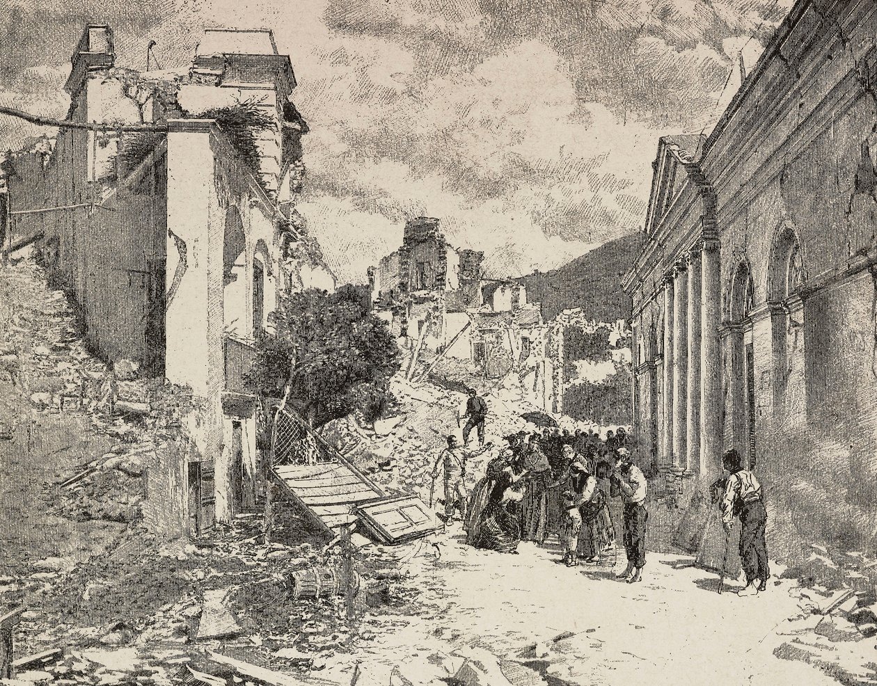 Tussen de ruïnes na de aardbeving in Balliazzi badplaats, Italië door Unknown artist