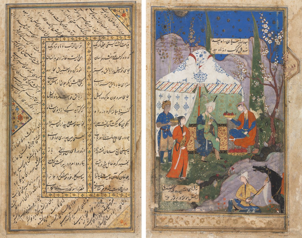 Een episode uit het verhaal van de Sassanidische koning Khusrau en zijn geliefde Shirin, uit een Khamsa (Kwintet) van Nizami (1141–1209) (verso); Perzische verzen uit een Haft Awrang (Zeven Tronen) van Jami (gest. 1492) (recto) door Unknown artist
