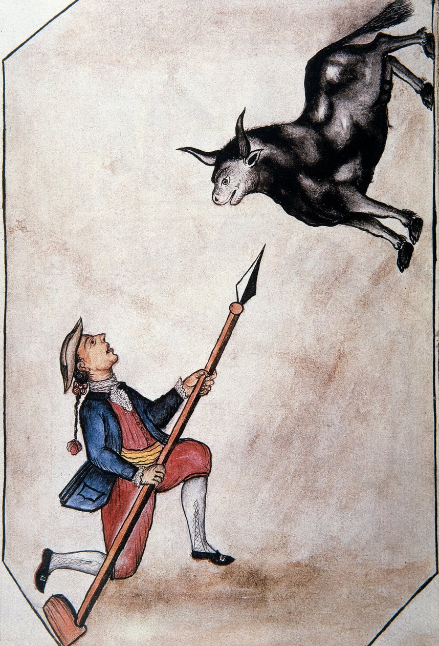 Een Indiaan wijst met zijn speer naar een stier, uit het boek "Trujillo del Peru" of "Códice Martínez Compañón", door Baltazar Martinez Compañón y Bujanda, bisschop van Trujillo (1782-1785) door Unknown artist