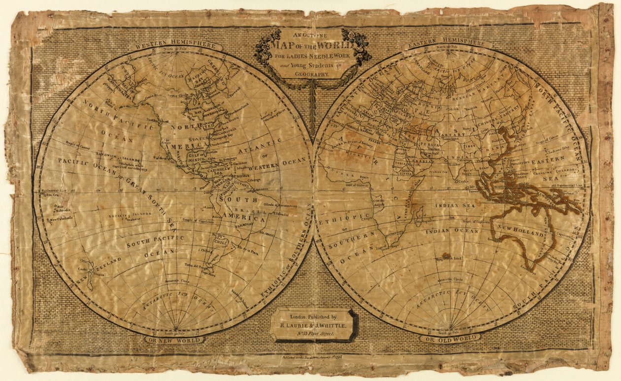 Een schetskaart van de wereld voor dameshandwerk en jonge studenten aardrijkskunde door Unknown artist